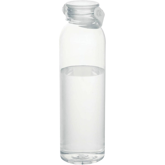 A drink bottle made from recycled plastic, featuring a clear design with a screw-on lid.