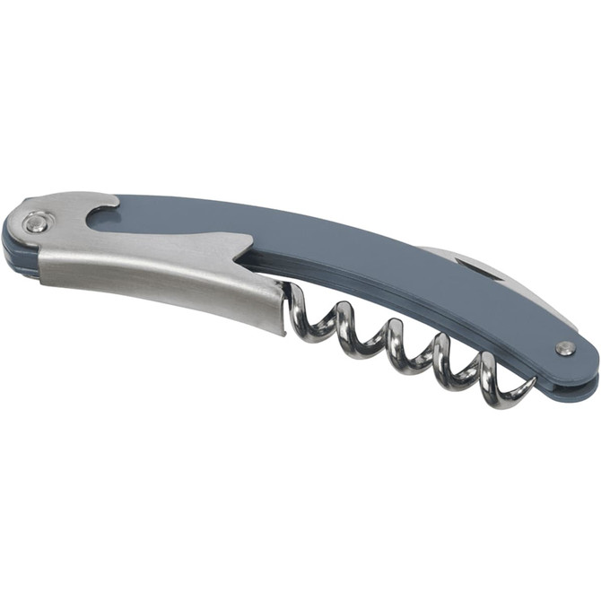 A grey waitress knife with a corkscrew and a stainless steel blade. It features a logo on the handle.