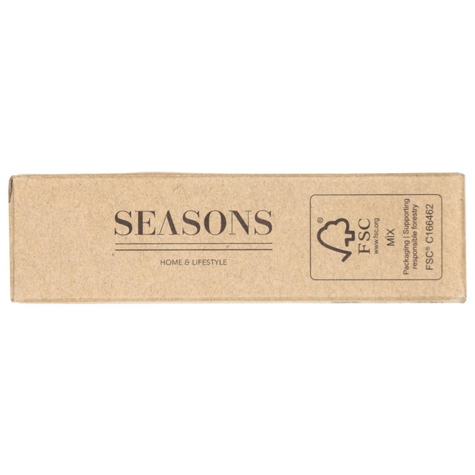 A cardboard box with a natural brown finish, featuring a logo and text branding for the product "Seasons".