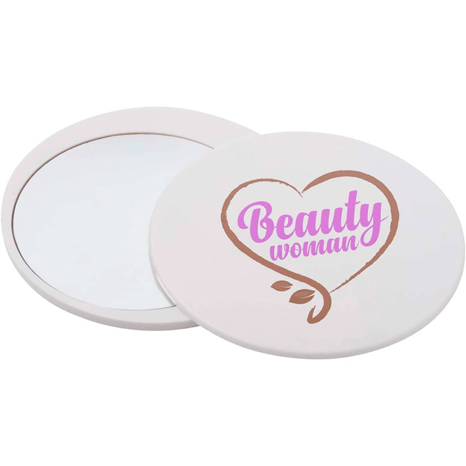 A round, white makeup mirror with a mirrored side and a decorative design featuring the word "Beauty."