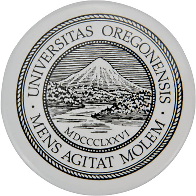 A round 44mm button badge featuring a monochrome design of a mountain and river, with a university logo.