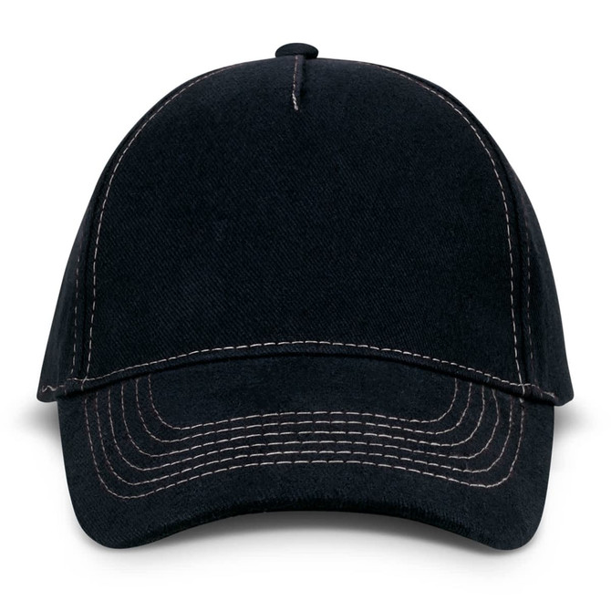 A black cap with contrasting stitching and a curved brim, featuring a logo on the front.