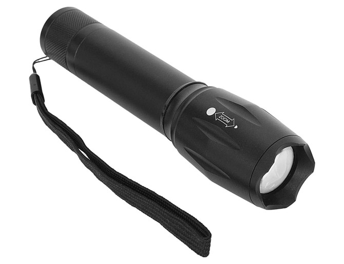 A black torch with a cylindrical body and a strap attached to it. It includes a branding logo.
