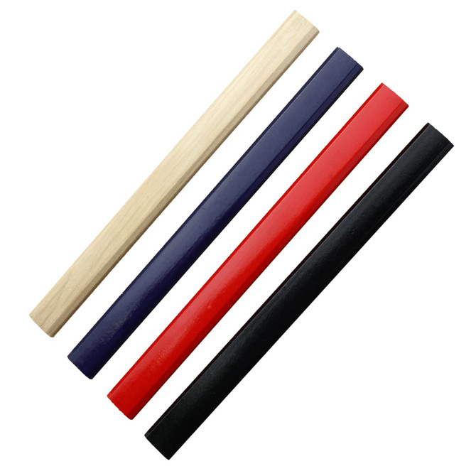 Four pencils in different colours: natural wood, navy blue, red, and black, with a logo on one.