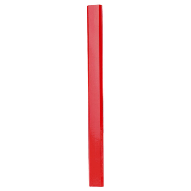 A red carpenter's pencil with a rectangular shape and smooth surface, featuring a logo on one side.