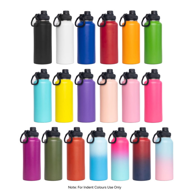 A drink bottle collection featuring various colours, each with a screw cap lid and a logo.