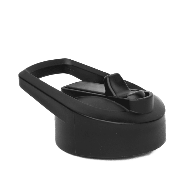 A drink bottle lid in black, featuring a spout and a handle. The design is compact and functional.