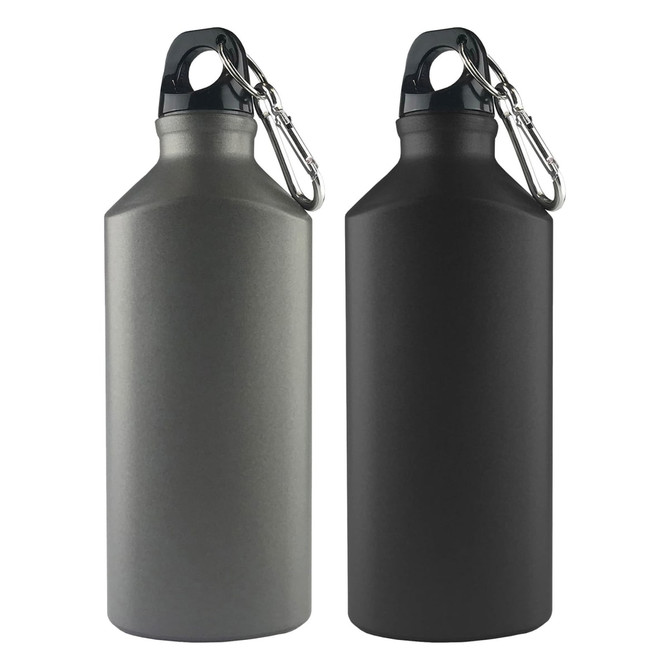 A drink bottle set featuring a matte grey and a matte black finish, each with a carabiner clip and a logo.