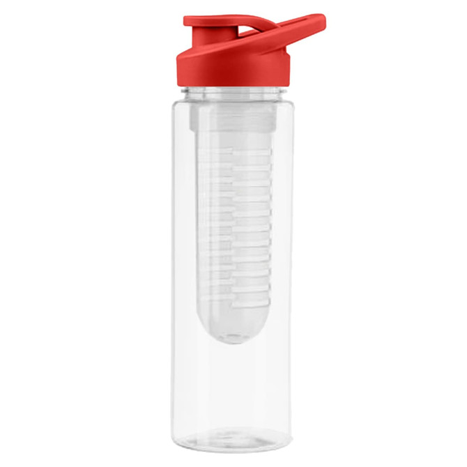A drink bottle featuring a clear body with a red lid and infuser for fruits or herbs. It also has a logo.