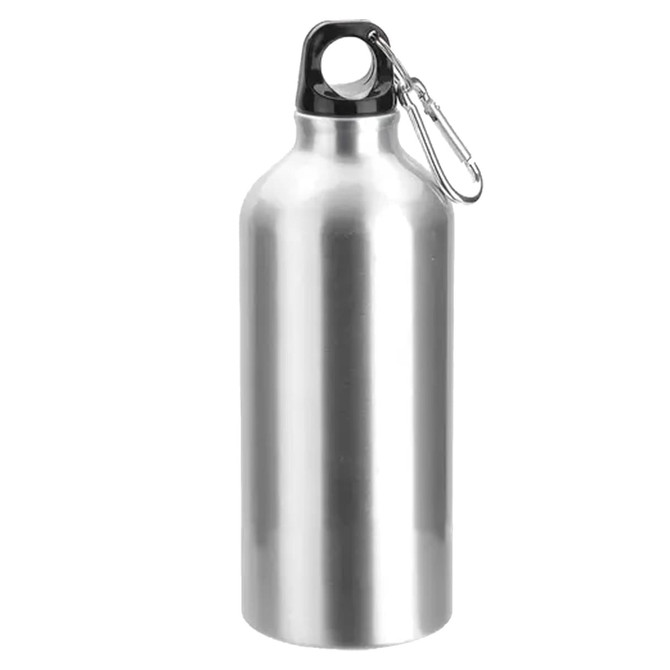 A drink bottle made of shiny stainless steel with a black cap and a carabiner for attachment.