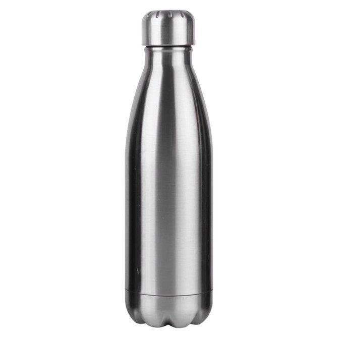 A drink bottle in a sleek stainless steel finish with a rounded base and a silver cap. It features a logo.