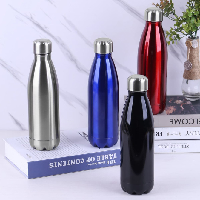 A drink bottle collection featuring stainless steel, blue, red, and black options, each with a metal cap and logo.
