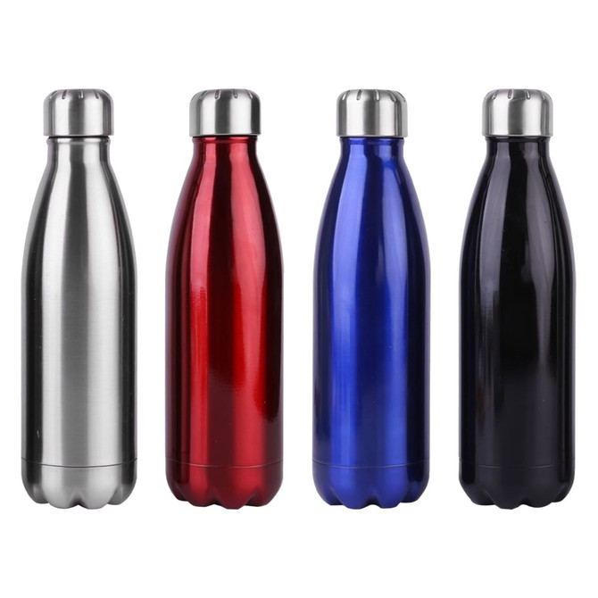 A drink bottle collection featuring silver, red, blue, and black metal bottles with stainless steel caps and a logo.