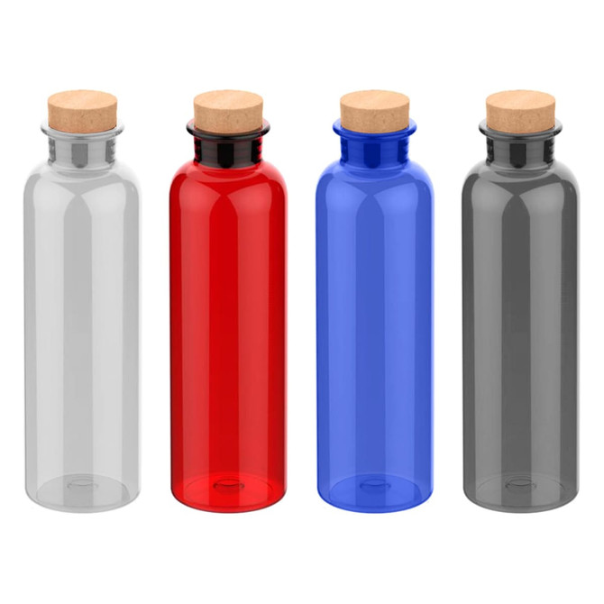 A drink bottle set featuring clear, red, blue, and grey bottles, each with a cork lid and a branding logo.