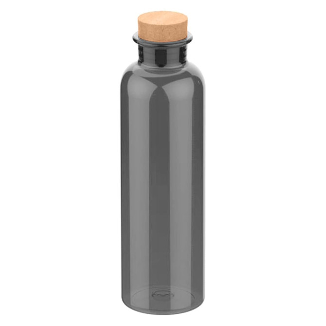 A drink bottle in transparent grey with a cork lid, featuring a minimalist design and a logo.