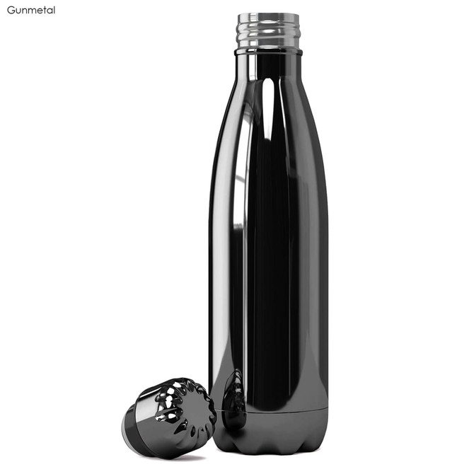 A drink bottle in gunmetal silver with a black cap, featuring a logo on its side.