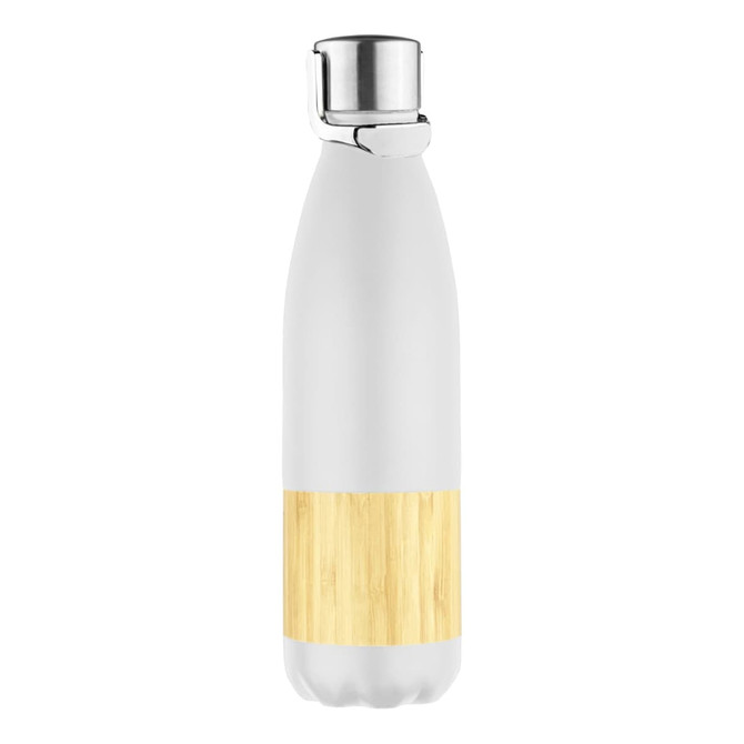 A drink bottle featuring a white body with a bamboo section and a metal cap. It includes a logo or branding.