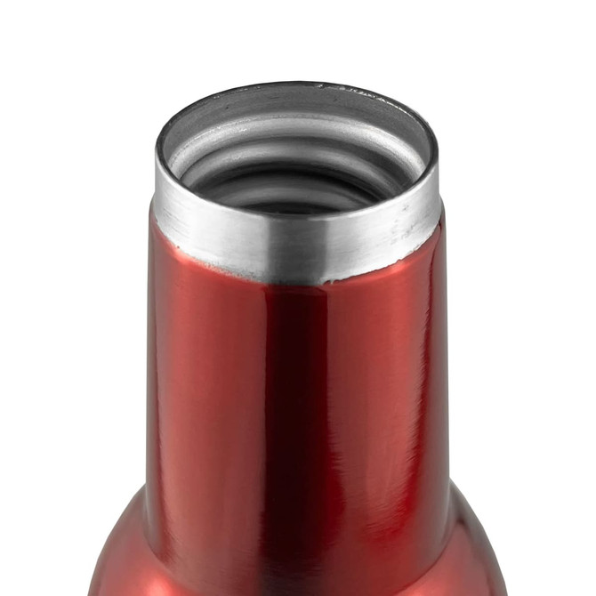 A red drink bottle with a stainless steel rim at the opening, featuring a smooth, shiny finish.