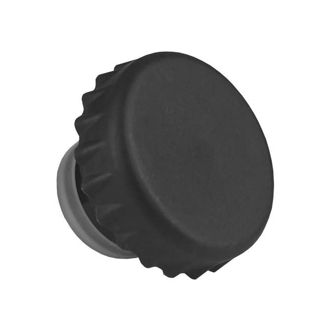 A drink bottle cap in black with a textured edge, designed for secure sealing.