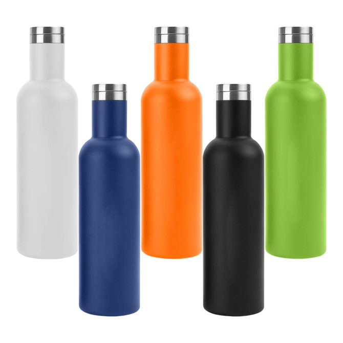 A drink bottle collection featuring white, orange, blue, black, and green bottles with metallic caps. Each bottle has a logo.