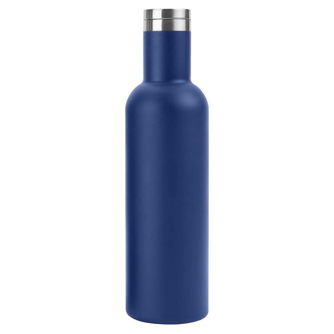 A drink bottle in navy blue, featuring a stainless steel lid and a sleek, modern design with a branding logo.