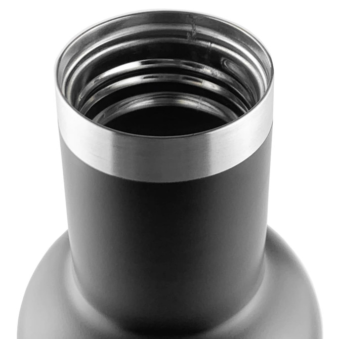 A drink bottle in matte black with a stainless steel rim and threaded opening. It features a logo.