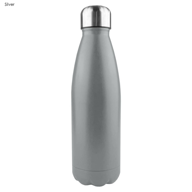 A drink bottle in a matte grey colour with a shiny silver cap and a logo. Single wall stainless steel design.