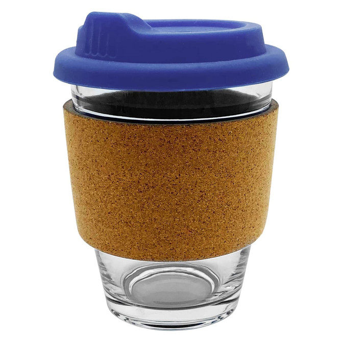 A glass coffee cup with a cork band and a blue lid, suitable for reusable drinkware.