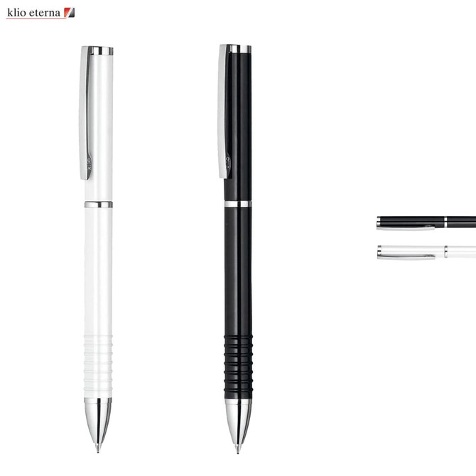 A set of two pens in white and black, featuring a sleek design and chrome accents. Includes a logo on the top left.