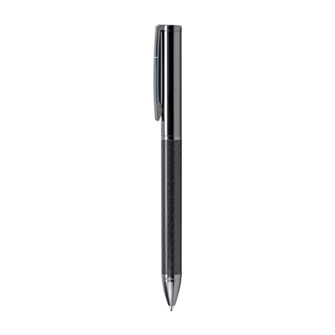 A grey-lead pencil with a sleek black carbon design and a metallic clip, featuring a minimalistic logo.