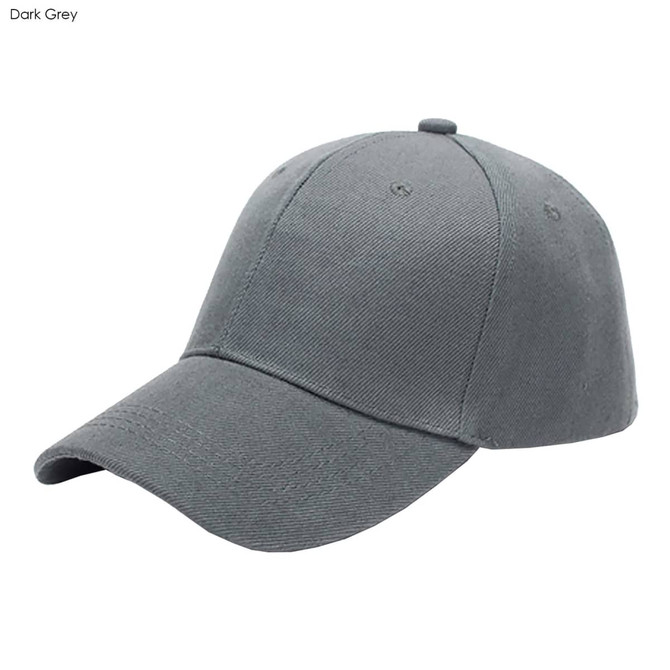 A dark grey heavy acrylic cap with a six-panel design and a curved brim, featuring a logo.