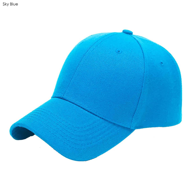 A sky blue six-panel heavy acrylic cap featuring a curved brim and a basic logo.