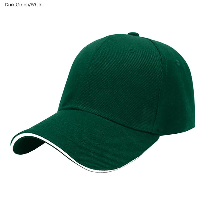 A dark green cap with a white stripe along the brim and a logo on the front.