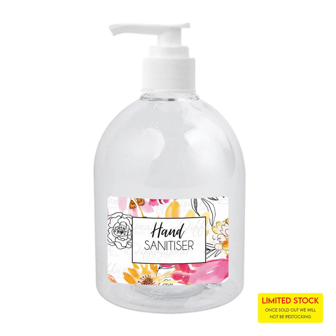 A clear plastic bottle of hand sanitiser gel with a pump top, featuring a floral label.