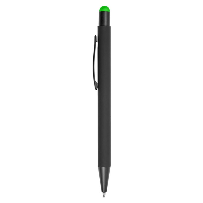 A black stylus pen with a green tip and a clip on the side, featuring a logo.