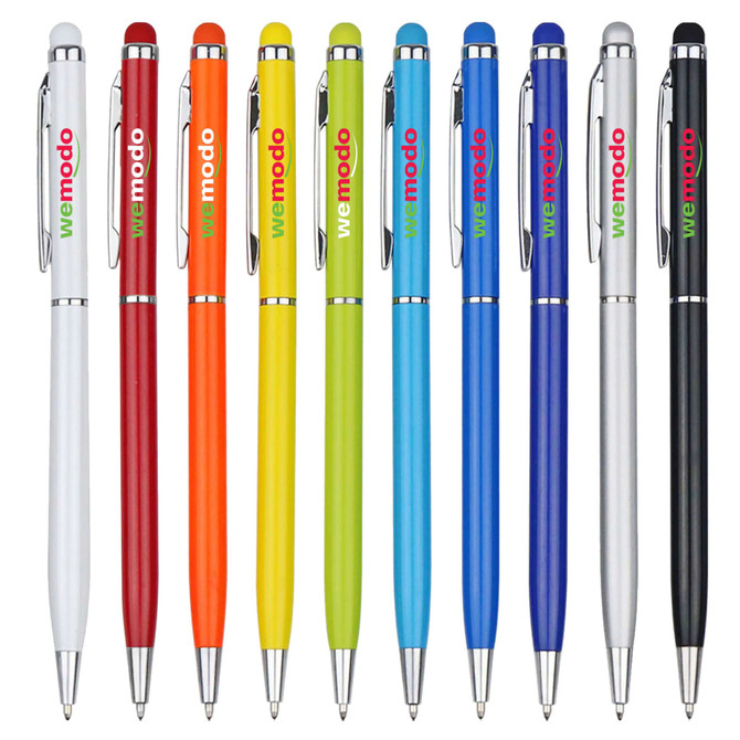 A collection of stylus pens in various colours, including red, orange, yellow, blue, silver, black, and white, with branding.
