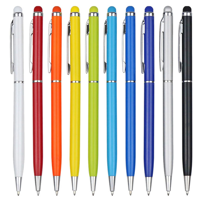 A collection of stylus pens in a variety of colours, including red, orange, yellow, green, blue, and black, with silver accents.