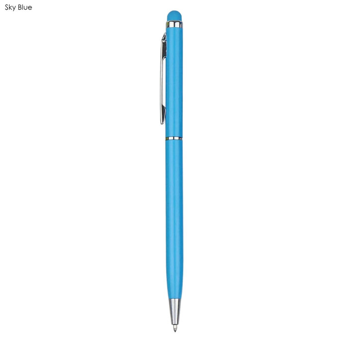 A sky blue stylus pen with a sleek design and a silver clip. Features a logo on the side.