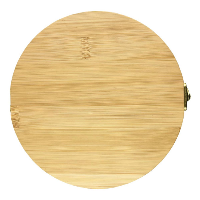 A bamboo toolkit with a circular design, featuring a natural wooden finish and a simple fastening mechanism.