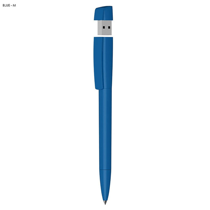 A blue USB pen featuring a solid plastic design with a retractable USB connector.