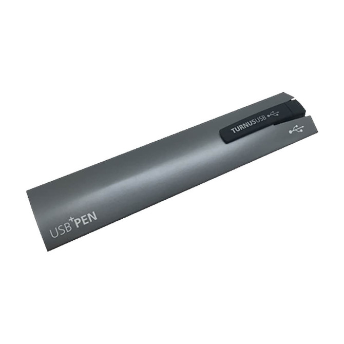A USB pen in grey with a soft grip design, featuring a USB connection and branding.