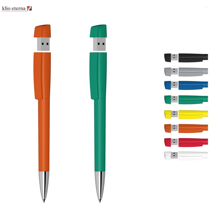 A USB pen with a metal tip in orange and green, alongside additional pens in various colours. It features a logo.