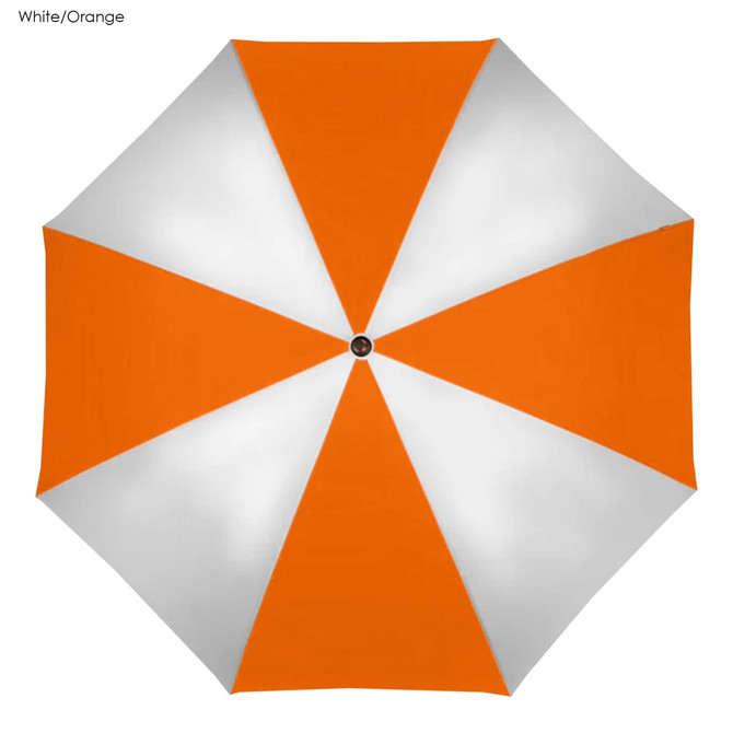A large golf umbrella in white and orange, featuring a segmented design with alternating colours. It includes a logo.