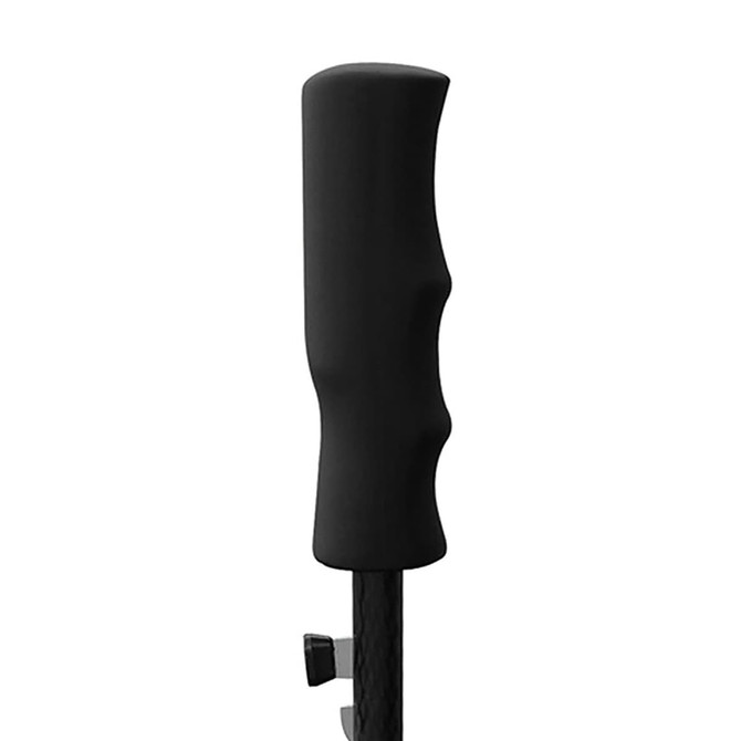 A black golf umbrella handle featuring a textured grip for comfort. The design includes a short shaft.