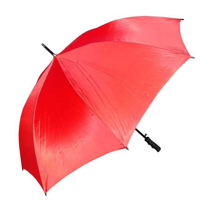 A red golf umbrella featuring a sturdy handle and a sleek design. It has a logo on the fabric.