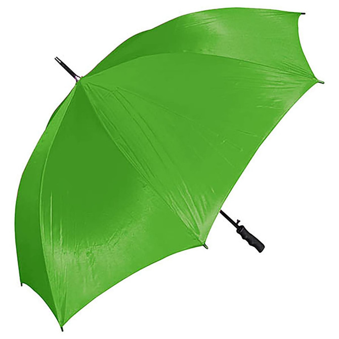 A green golf umbrella featuring a sturdy handle and a logo on the canopy.