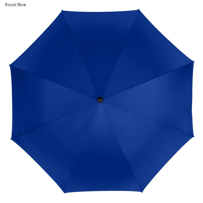 A royal blue golf umbrella with a classic octagonal shape and a central opening mechanism. Features a logo.