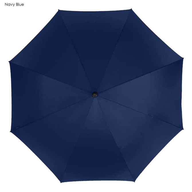 A navy blue golf umbrella featuring a circular design and a central opening mechanism. It has a branding logo on the handle.