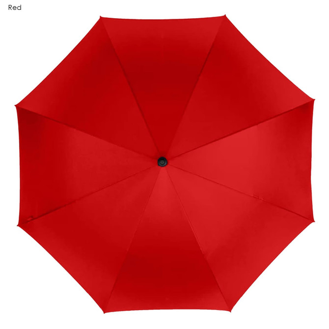 A red golf umbrella with a smooth canopy and a central opening mechanism, featuring a logo.
