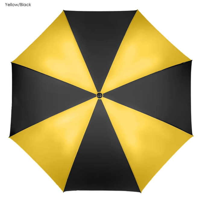 A yellow and black golf umbrella featuring a solid colour pattern and a central hub with a logo.